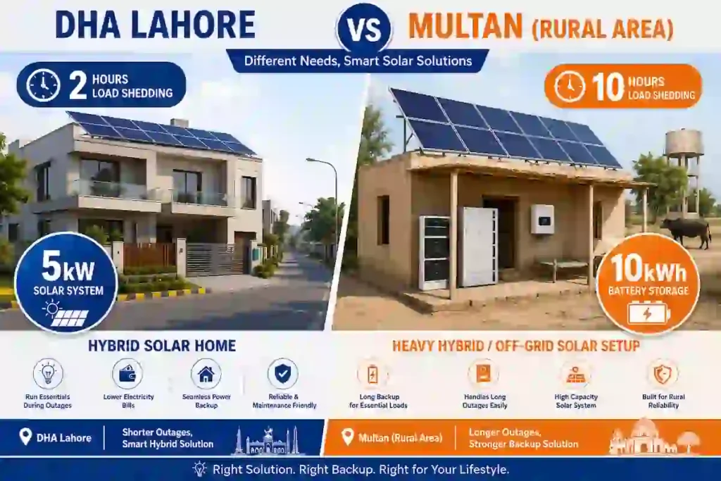 Infographic comparing a 5kW hybrid solar system for DHA Lahore with 2 hours load shedding versus a 10kWh off-grid setup for a rural Multan village with 10 hours load shedding