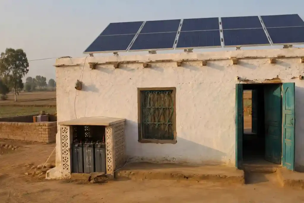 Off-grid solar panels and deep cycle battery bank on a rural Pakistani home in southern Punjab with farmland backdrop