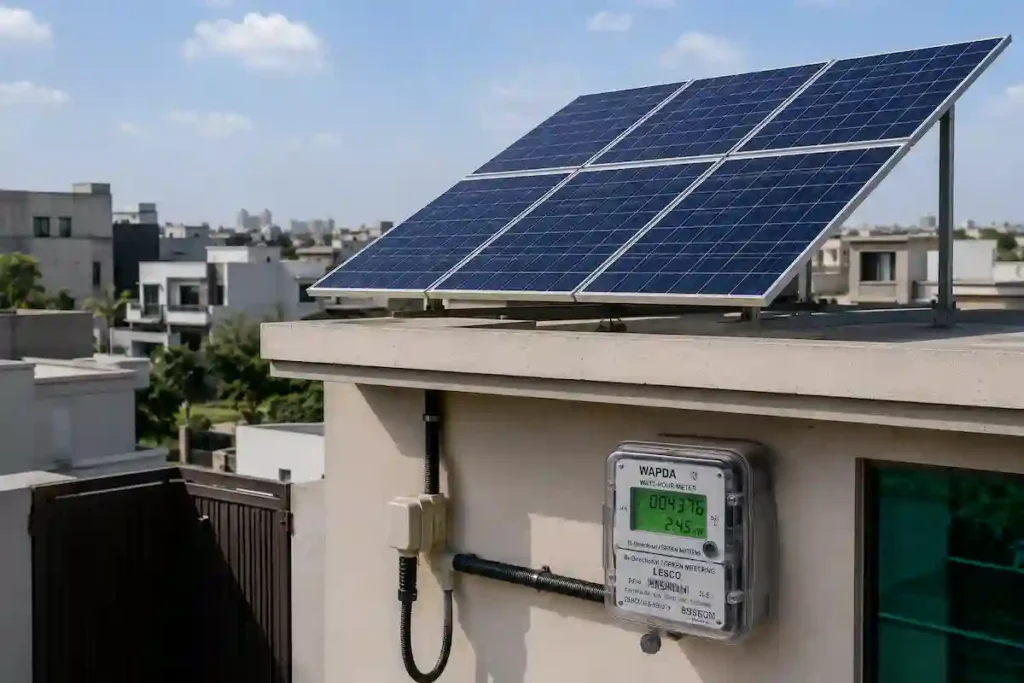 Solar panels on a DHA Lahore rooftop with a bi-directional WAPDA net metering meter on the wall below. On-grid vs off-grid vs hybrid