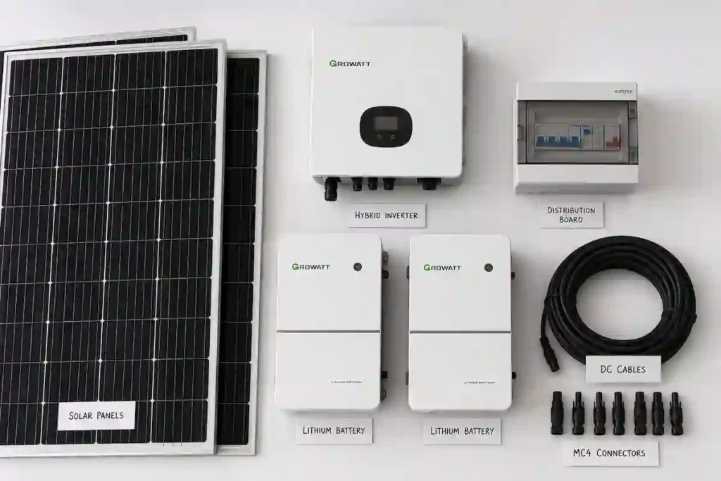 Solar system components laid out — panels, inverter, lithium battery, and cables