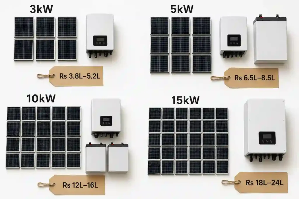 Flat lay comparison of 3kW 5kW 10kW and 15kW complete solar system components and solar system price in Pakistan