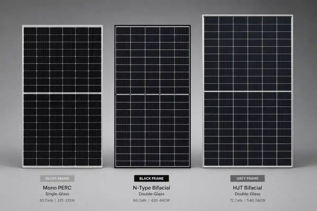 Comparison of Canadian Solar Mono PERC, N-Type Bifacial, and HJT panel types