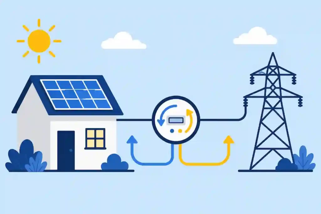 Diagram showing how net metering exports and imports electricity. Complete Net Metering Guide