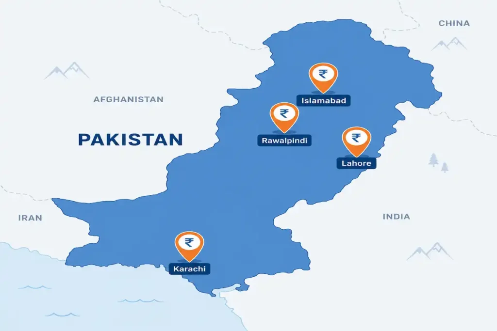 Map showing Jinko solar panel price differences across Karachi, Lahore, Islamabad, and Rawalpindi