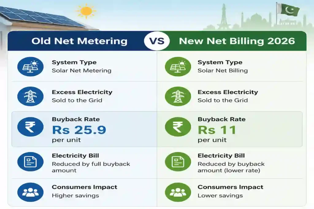 Comparison of old net metering vs new net billing buyback rates in Pakistan 2026
