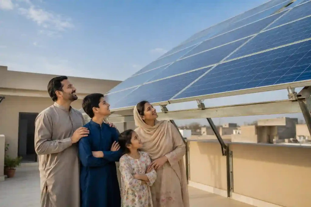Pakistani family standing on rooftop with newly installed solar panels looking satisfied with their solar system choice
