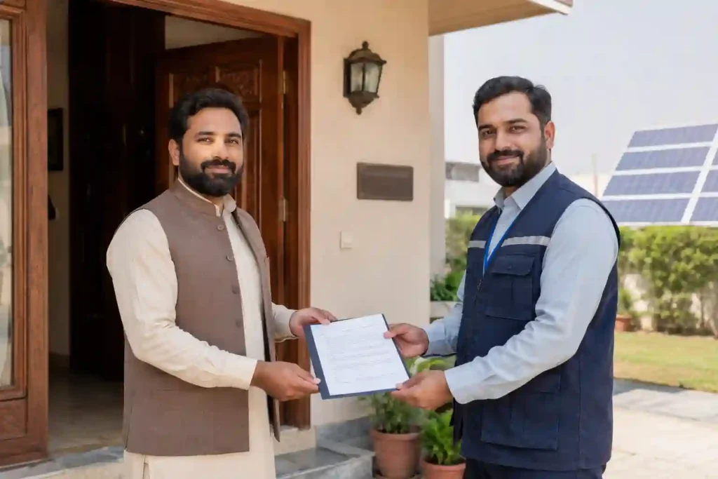 Solar installer handing AEDB certificate and warranty documents to Pakistani homeowner after panel installation