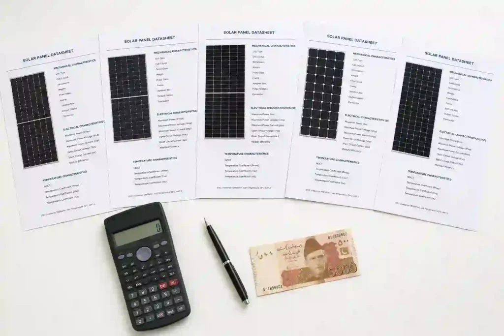 Solar panel datasheets and calculator laid out for comparison showing efficiency warranty and price per watt specifications