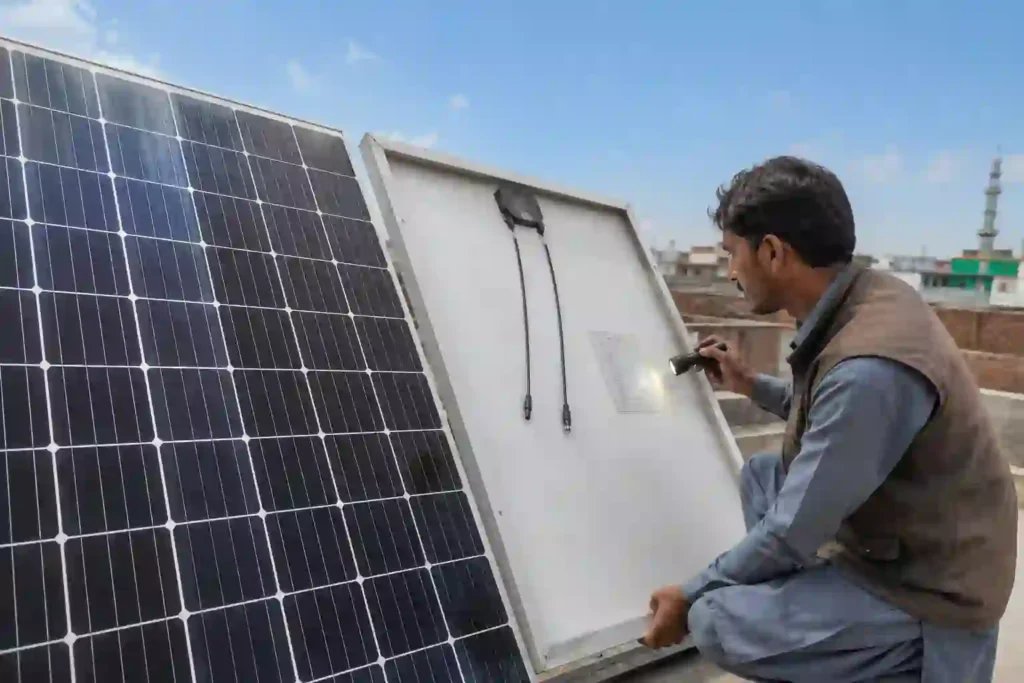 Pakistani electrician verifying solar panel serial number on rooftop installation in Pakistan